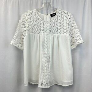 VICI Womens White Cotton Round Lace Neck Short Sleeve Back Zip Blouse Top Medium